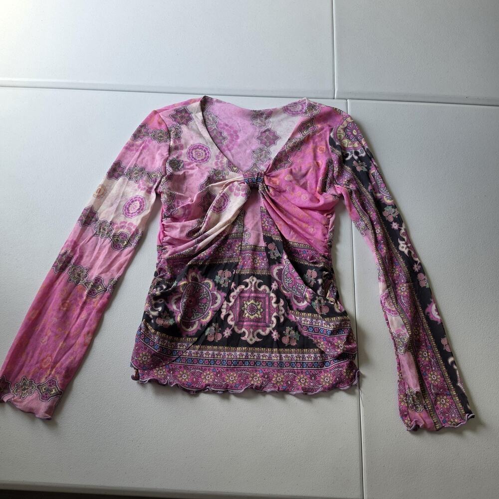 Y2K Fairy Grunge Boho Chic Blouse Small Pink Floral V Neck Long Sleeve Boho